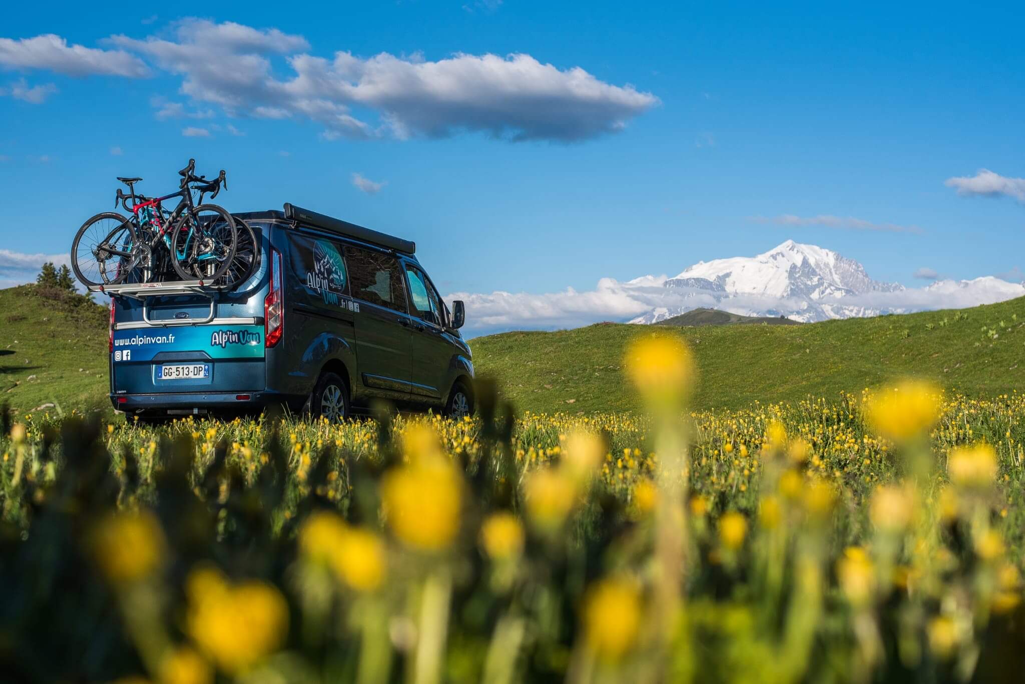 Van dans une prairie avec une montagne enneigée en arrière plan